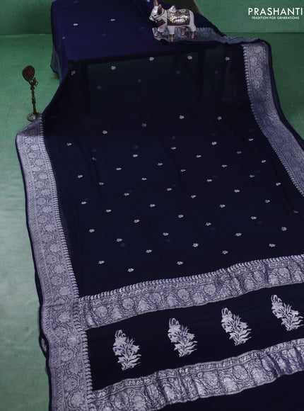 Banarasi chiffon saree navy blue with silver zari woven buttas and floral silver zari woven border