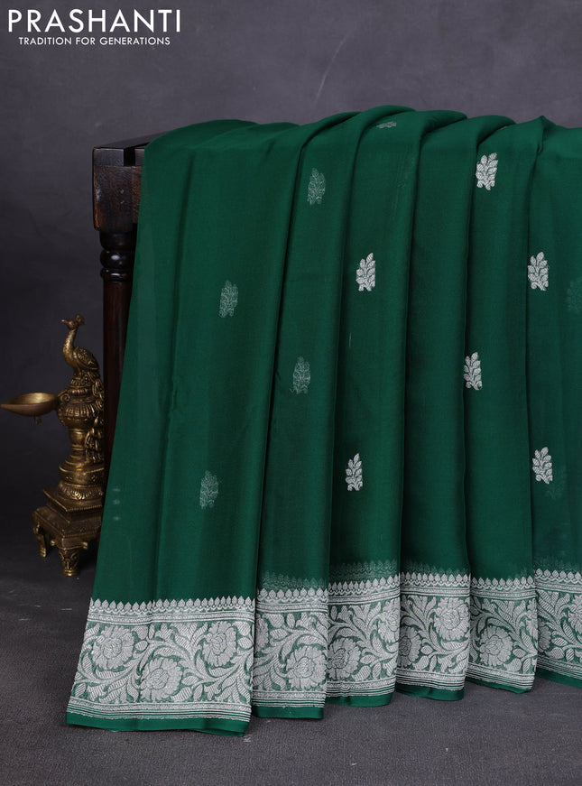 Banarasi chiffon saree green with silver zari woven buttas and floral silver zari woven border