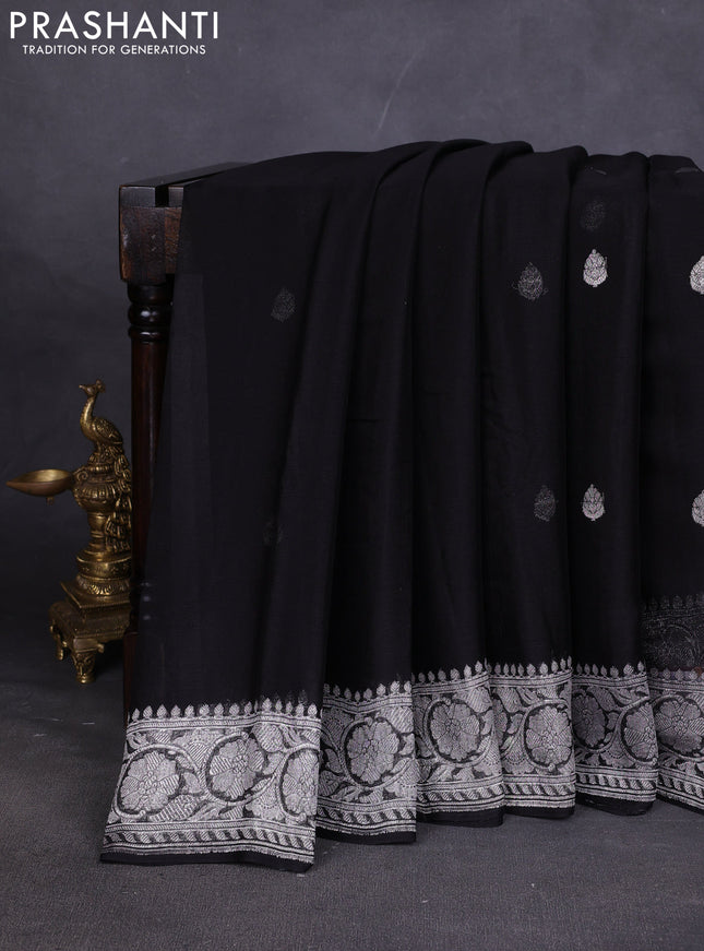 Banarasi chiffon saree black with silver zari woven buttas and floral silver zari woven border