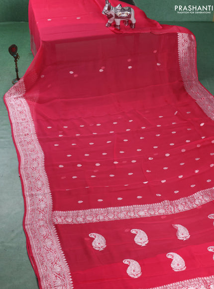 Banarasi chiffon saree peach pink with silver zari woven buttas and floral silver zari woven border