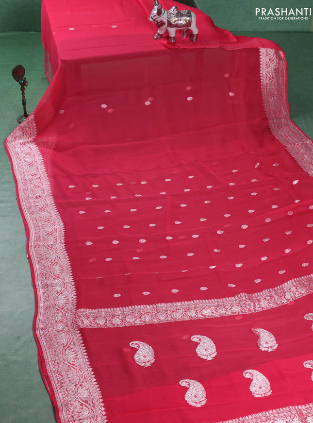 Banarasi chiffon saree peach pink with silver zari woven buttas and floral silver zari woven border