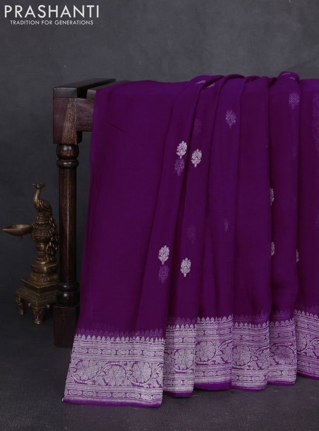 Banarasi chiffon saree purple with silver zari woven buttas and floral silver zari woven border
