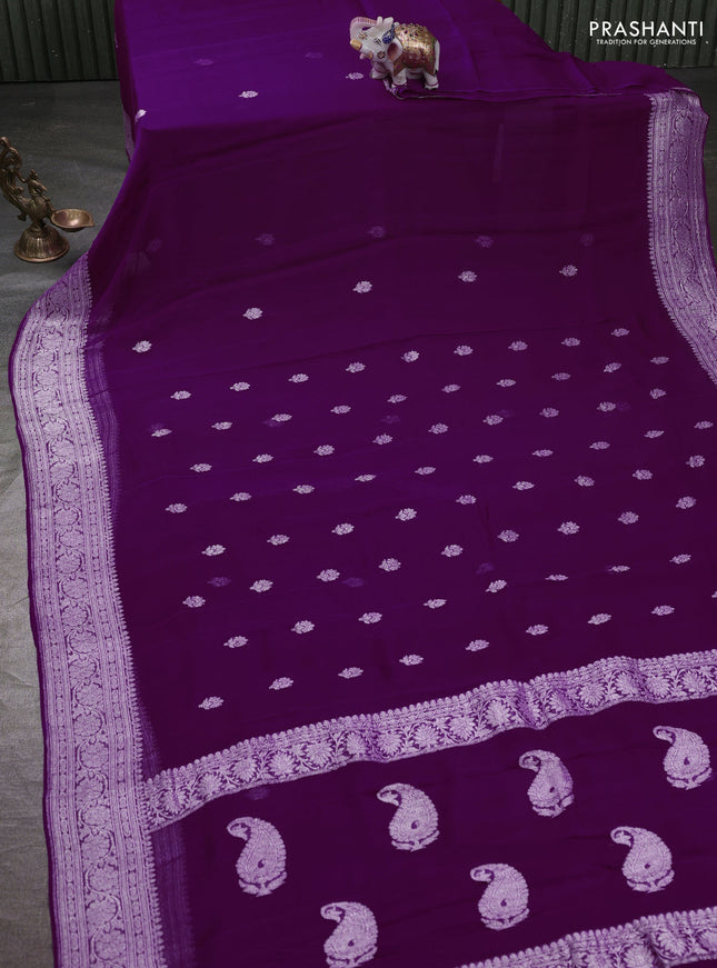 Banarasi chiffon saree purple with silver zari woven buttas and floral silver zari woven border