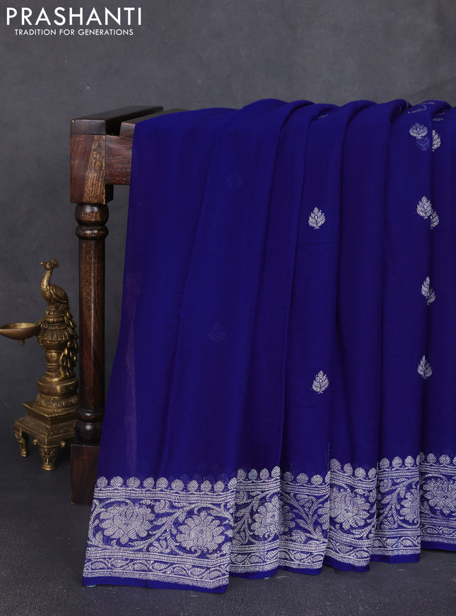 Banarasi chiffon saree blue with silver zari woven buttas and floral silver zari woven border