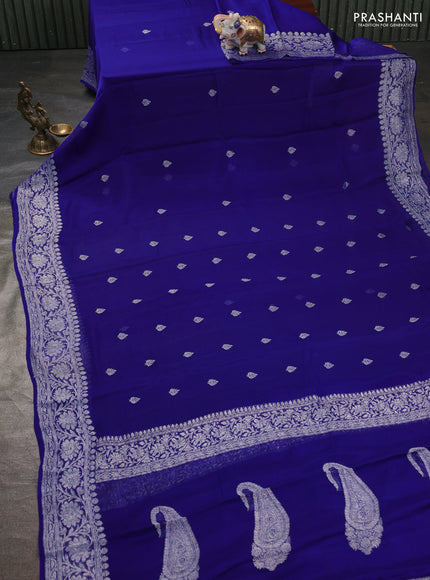 Banarasi chiffon saree blue with silver zari woven buttas and floral silver zari woven border