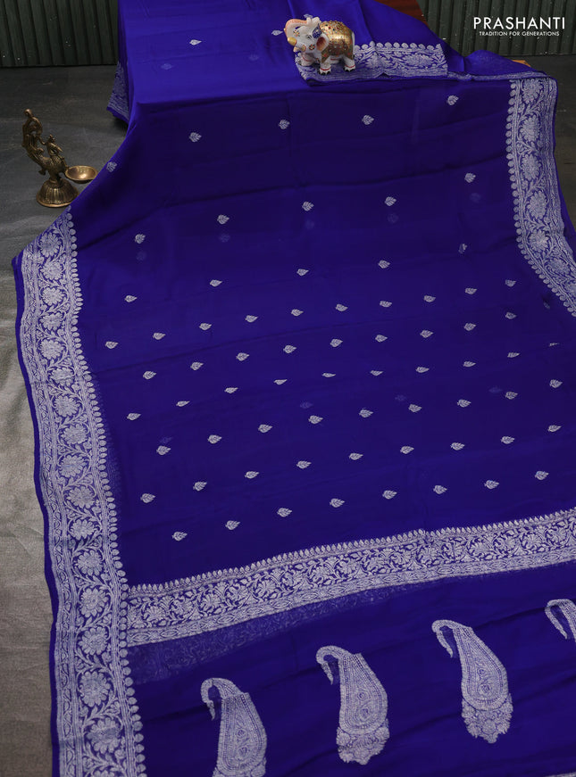 Banarasi chiffon saree blue with silver zari woven buttas and floral silver zari woven border