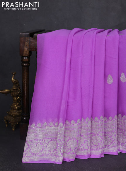 Banarasi chiffon saree lavender with silver zari woven buttas and floral silver zari woven border