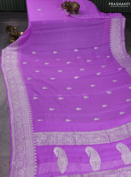 Banarasi chiffon saree lavender with silver zari woven buttas and floral silver zari woven border