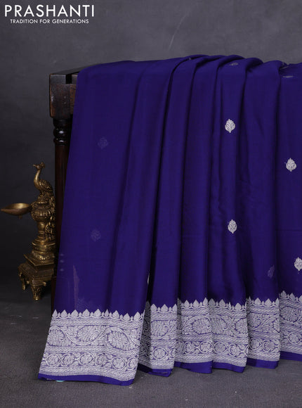 Banarasi chiffon saree navy blue with silver zari woven buttas and floral silver zari woven border