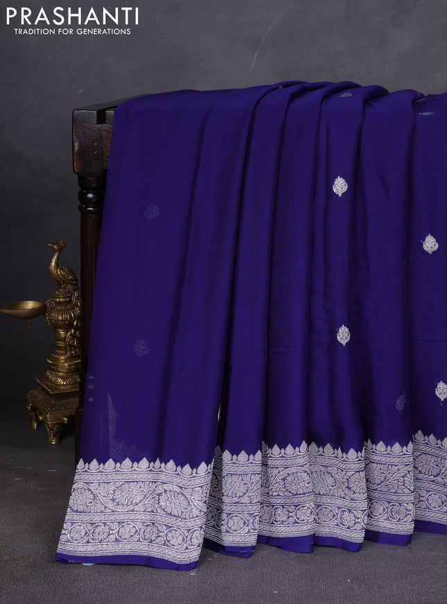 Banarasi chiffon saree navy blue with silver zari woven buttas and floral silver zari woven border