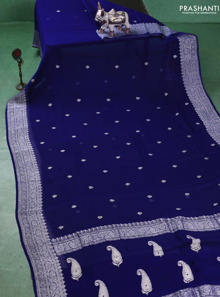 Banarasi chiffon saree navy blue with silver zari woven buttas and floral silver zari woven border