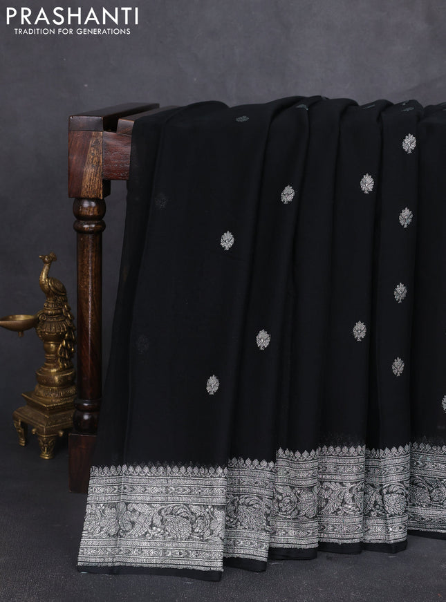 Banarasi chiffon saree black with silver zari woven buttas and floral silver zari woven border