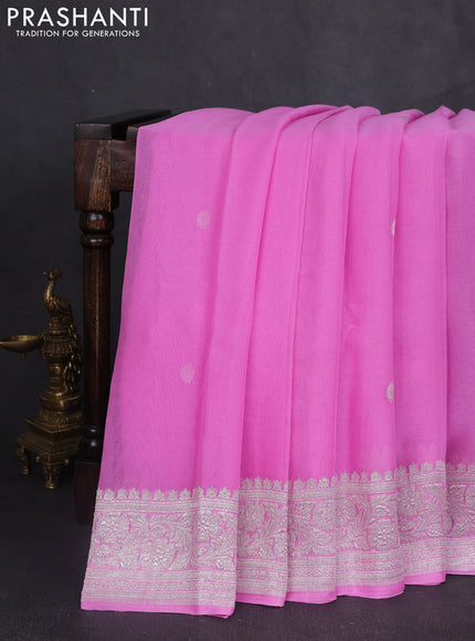 Banarasi chiffon saree light pink with silver zari woven buttas and floral silver zari woven border