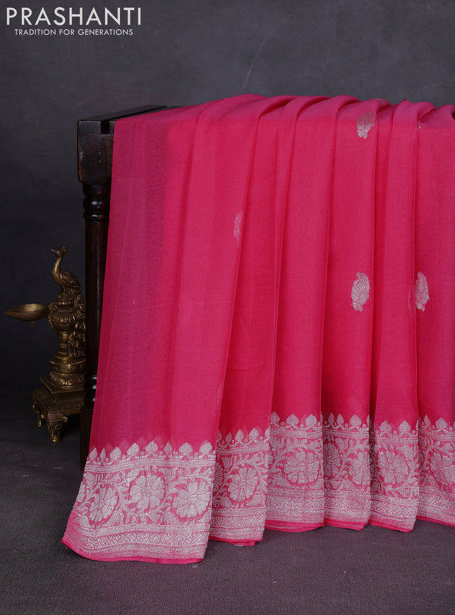 Banarasi chiffon saree peach pink with silver zari woven buttas and floral silver zari woven border