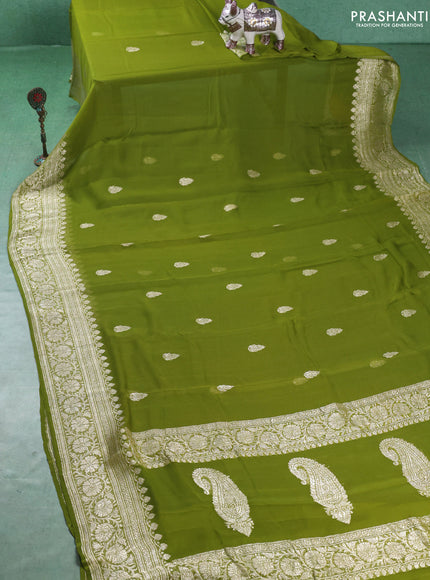 Banarasi chiffon saree mehendi green with silver zari woven buttas and floral silver zari woven border
