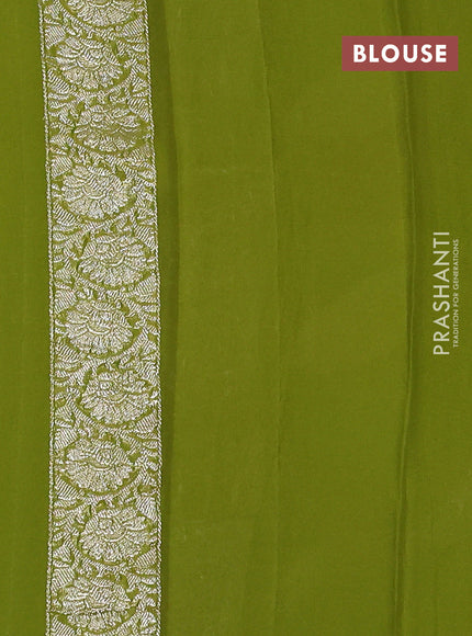 Banarasi chiffon saree mehendi green with silver zari woven buttas and floral silver zari woven border