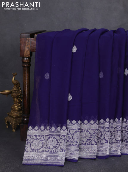 Banarasi chiffon saree navy blue with silver zari woven buttas and floral silver zari woven border