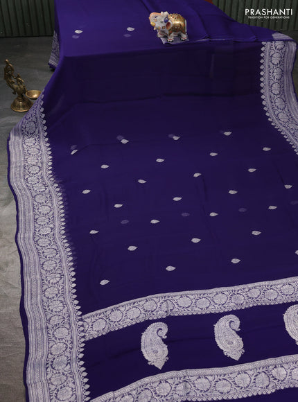 Banarasi chiffon saree navy blue with silver zari woven buttas and floral silver zari woven border