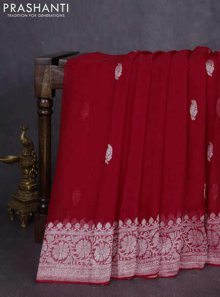 Banarasi chiffon saree red with silver zari woven buttas and floral silver zari woven border