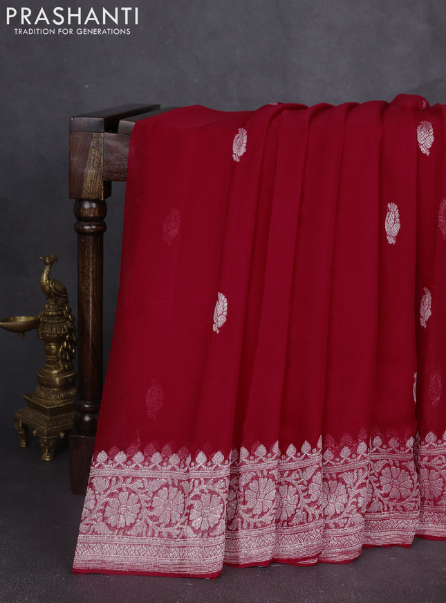 Banarasi chiffon saree red with silver zari woven buttas and floral silver zari woven border
