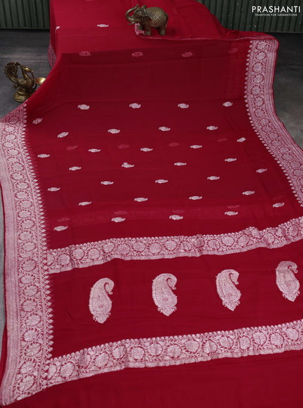 Banarasi chiffon saree red with silver zari woven buttas and floral silver zari woven border