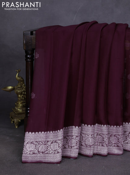 Banarasi chiffon saree deep maroon with silver zari woven buttas and floral silver zari woven border