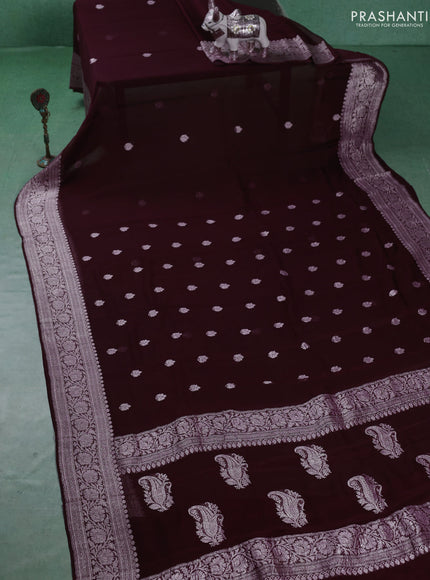 Banarasi chiffon saree deep maroon with silver zari woven buttas and floral silver zari woven border