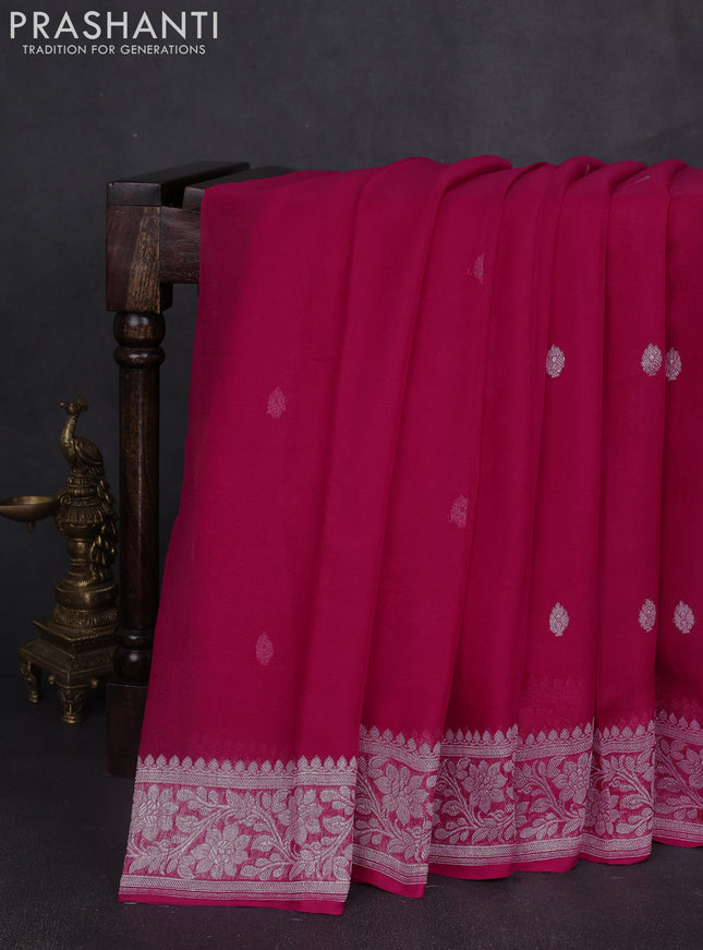 Banarasi chiffon saree pink with silver zari woven buttas and floral silver zari woven border