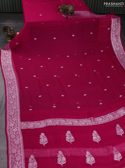 Banarasi chiffon saree pink with silver zari woven buttas and floral silver zari woven border