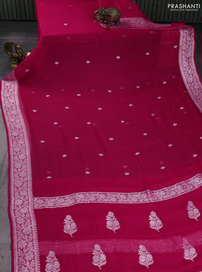 Banarasi chiffon saree pink with silver zari woven buttas and floral silver zari woven border