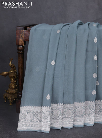 Banarasi chiffon saree grey with silver zari woven buttas and floral silver zari woven border