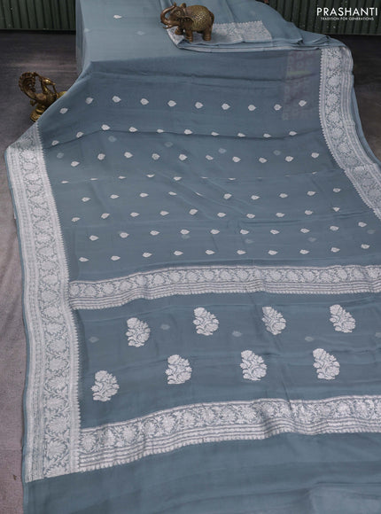 Banarasi chiffon saree grey with silver zari woven buttas and floral silver zari woven border