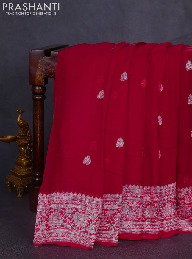 Banarasi chiffon saree red with silver zari woven buttas and floral silver zari woven border