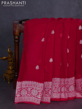Banarasi chiffon saree red with silver zari woven buttas and floral silver zari woven border