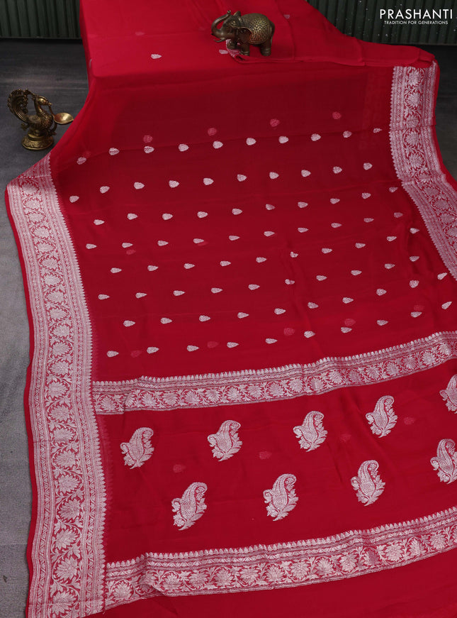 Banarasi chiffon saree red with silver zari woven buttas and floral silver zari woven border