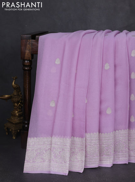 Banarasi chiffon saree pastel lavender with silver zari woven buttas and floral silver zari woven border