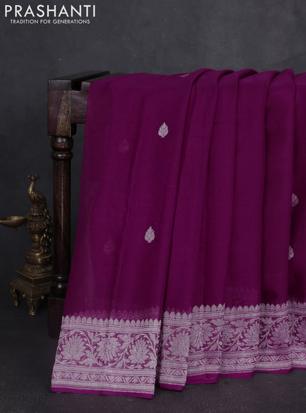 Banarasi chiffon saree purple with silver zari woven buttas and floral silver zari woven border