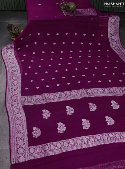 Banarasi chiffon saree purple with silver zari woven buttas and floral silver zari woven border