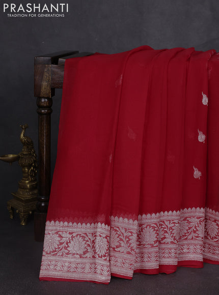 Banarasi chiffon saree red with silver zari woven buttas and floral silver zari woven border
