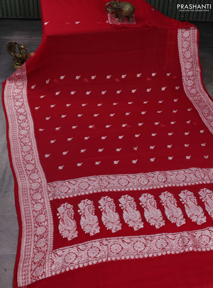 Banarasi chiffon saree red with silver zari woven buttas and floral silver zari woven border