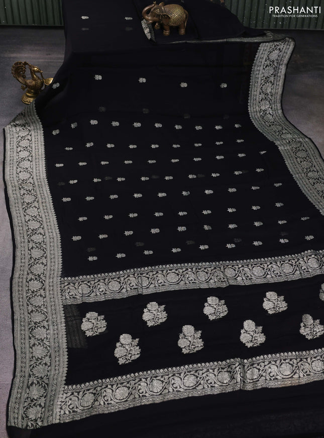 Banarasi chiffon saree black with silver zari woven buttas and floral silver zari woven border