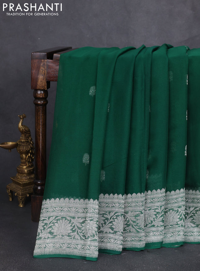 Banarasi chiffon saree green with silver zari woven buttas and floral silver zari woven border