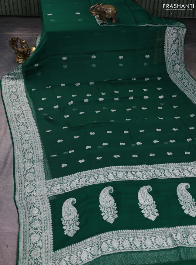 Banarasi chiffon saree green with silver zari woven buttas and floral silver zari woven border