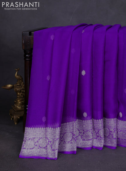 Banarasi chiffon saree purple with silver zari woven buttas and floral silver zari woven border