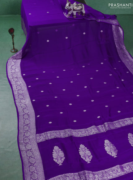 Banarasi chiffon saree purple with silver zari woven buttas and floral silver zari woven border