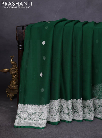 Banarasi chiffon saree bottle green with silver zari woven buttas and floral silver zari woven border