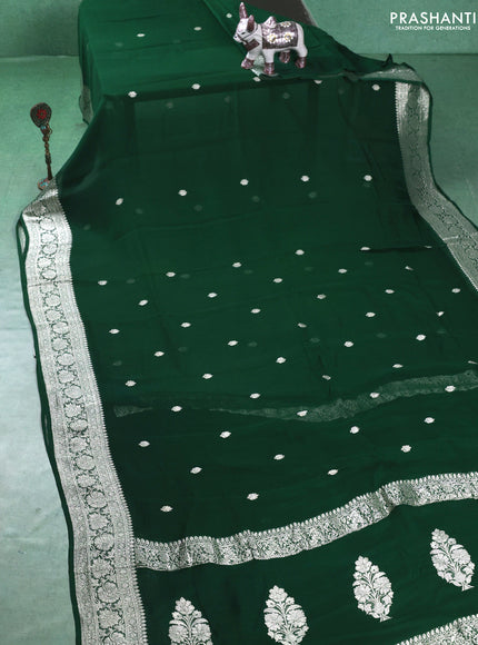 Banarasi chiffon saree bottle green with silver zari woven buttas and floral silver zari woven border