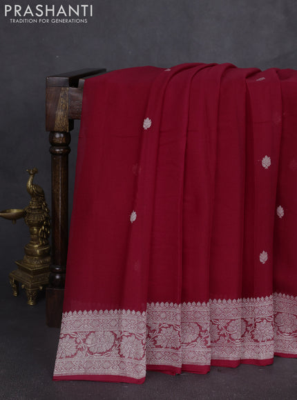 Banarasi chiffon saree kumkum red with silver zari woven buttas and floral silver zari woven border