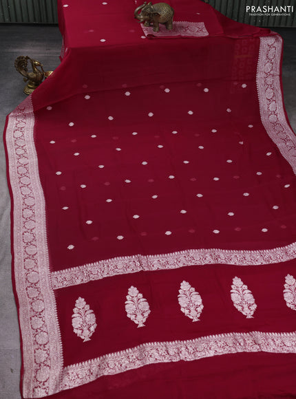 Banarasi chiffon saree kumkum red with silver zari woven buttas and floral silver zari woven border