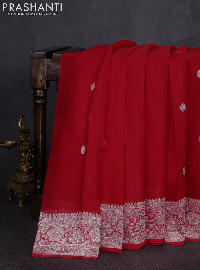 Banarasi chiffon saree red with silver zari woven buttas and floral silver zari woven border